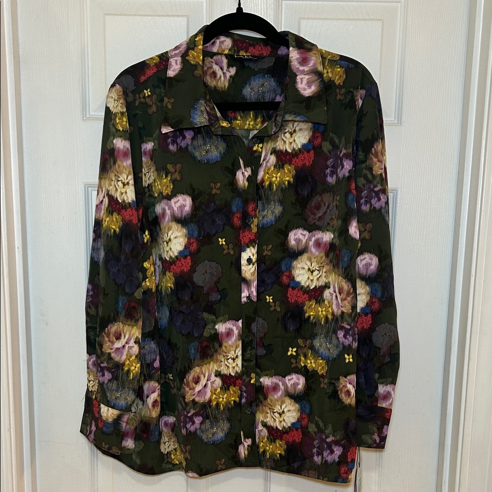 Nicole Miller Olive Floral Print Blouse Top 2X NWT
